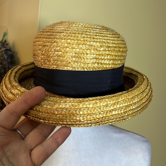 SUNDANCE Woven Straw Hat Curled Brim Black Gross-grain Ribbon Vtg Vibe Feminine - Picture 16 of 16